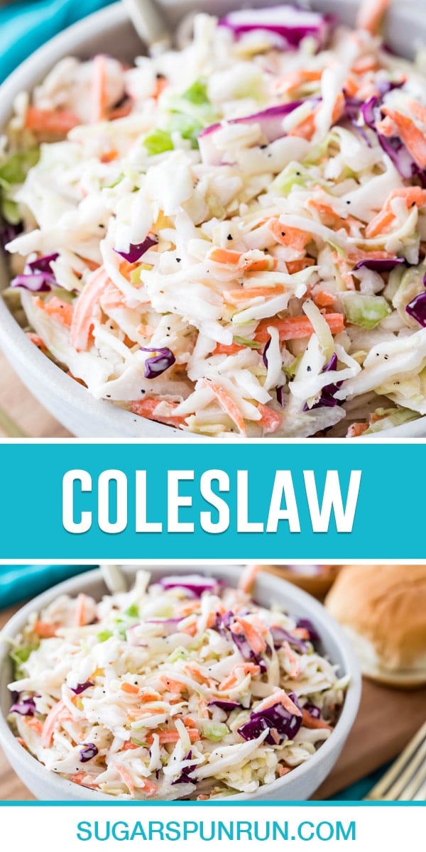 collage of coleslaw, top image of close up of slaw in white bowl. bottom image taken at different angle