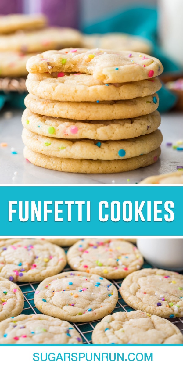 collage of funfetti cookies, top image of cookies stacked, bottom image of cookies on cooling rack