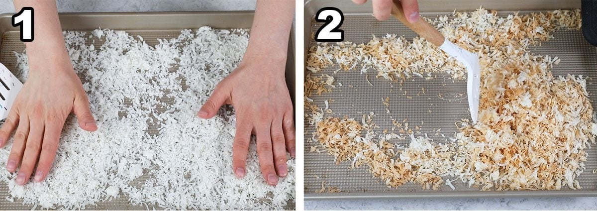collage of two photos showing coconut before and after toasting in the oven