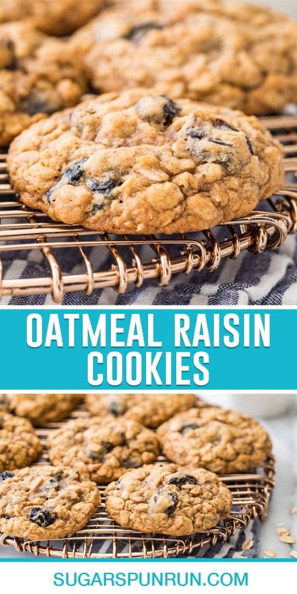 collage of oatmeal raisin cookies, top image of single cookie up close, bottom image of multiple cookies on gold serving tray