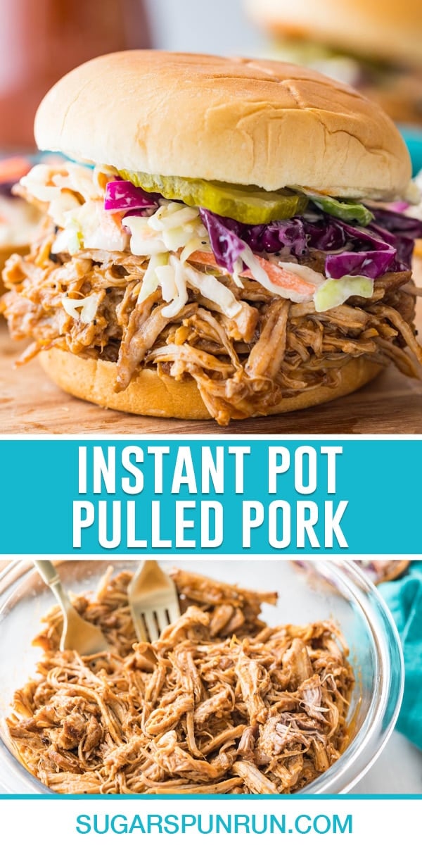 collage of pulled pork, top image of sandwich with pulled pork with slaw, bottom image of pulled pork shredded in bowl