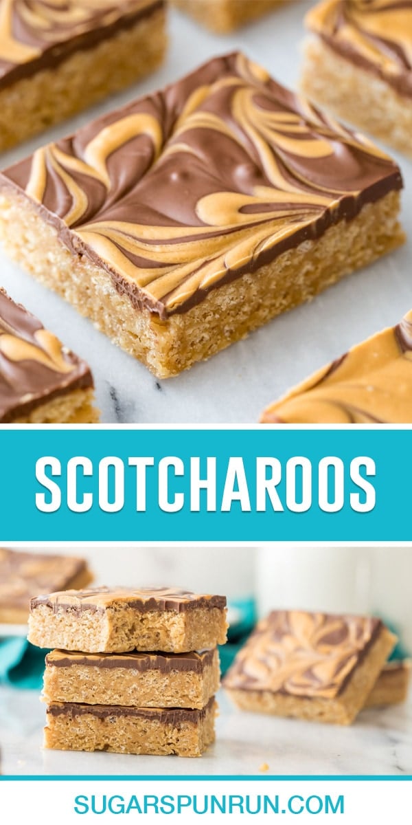 collage of scotcharoos, top image close up of bar, bottom image of three bars stacked