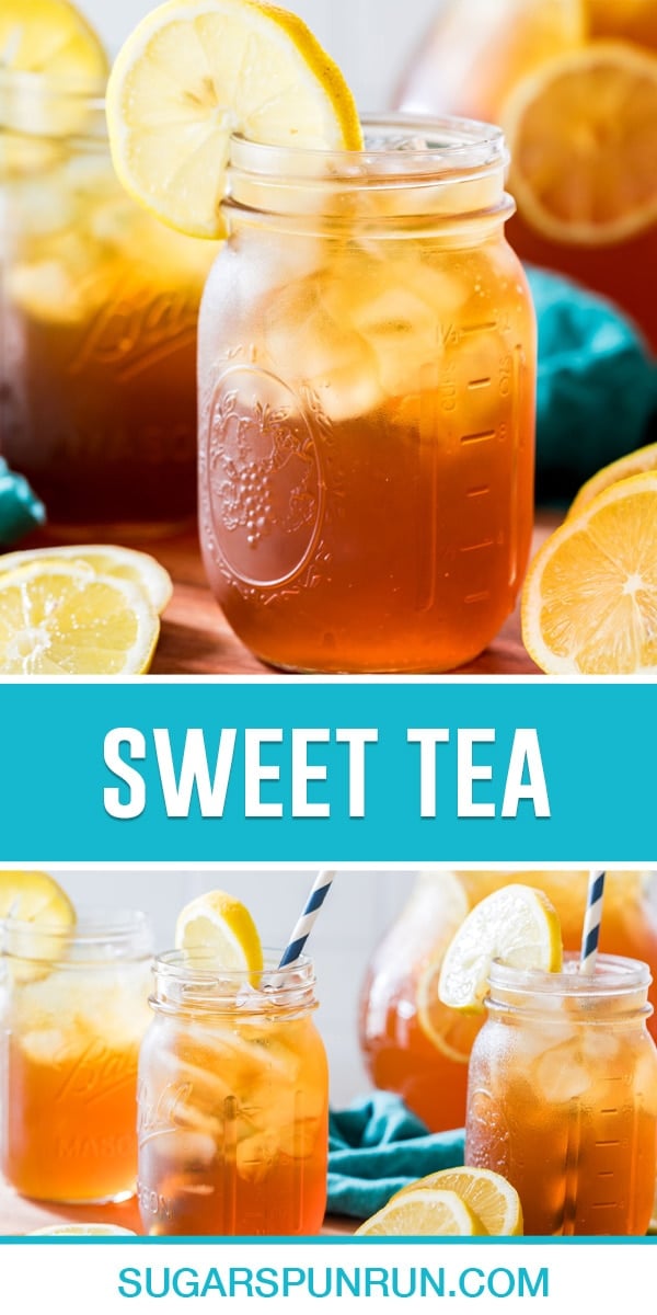 collage of sweet tea, top image close up of glass filled with lemon slice on top, bottom image multiple glasses