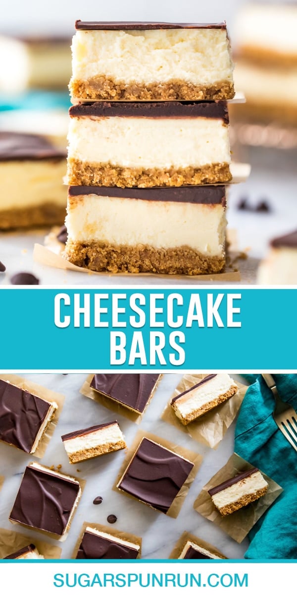 collage of two photos of cheesecake bars, the top image being stacked bars and the bottom being a top-down view of the bars