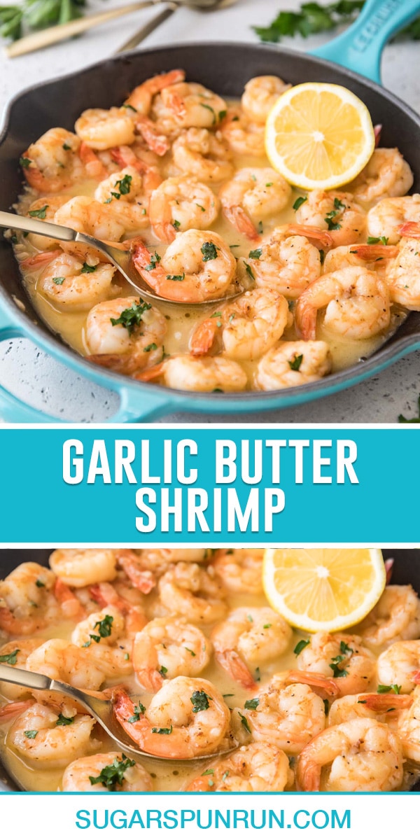 collage of two photos of garlic butter shrimp, the top being a skillet full of the shrimp and the bottom a close-up ivew