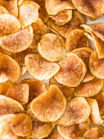 overhead view of golden brown homemade kettle chips