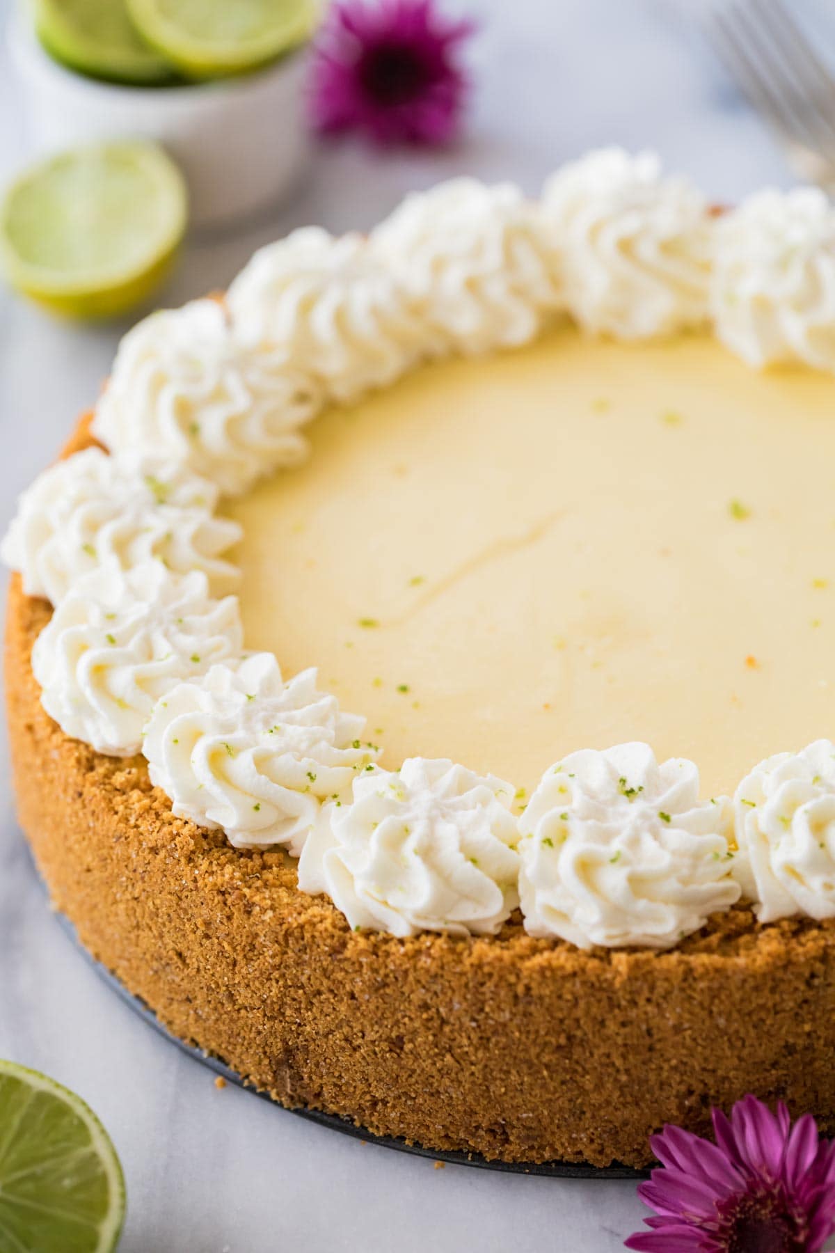 close-up view of a cheesecake topped with a decorative whipped cream border and lime zest surrounded by sliced lime halves