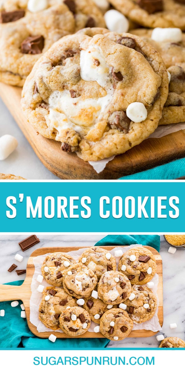 collage of two images of smores cookies, the top being a close-up of a single cookie and the bottom being an overhead view of many cookies