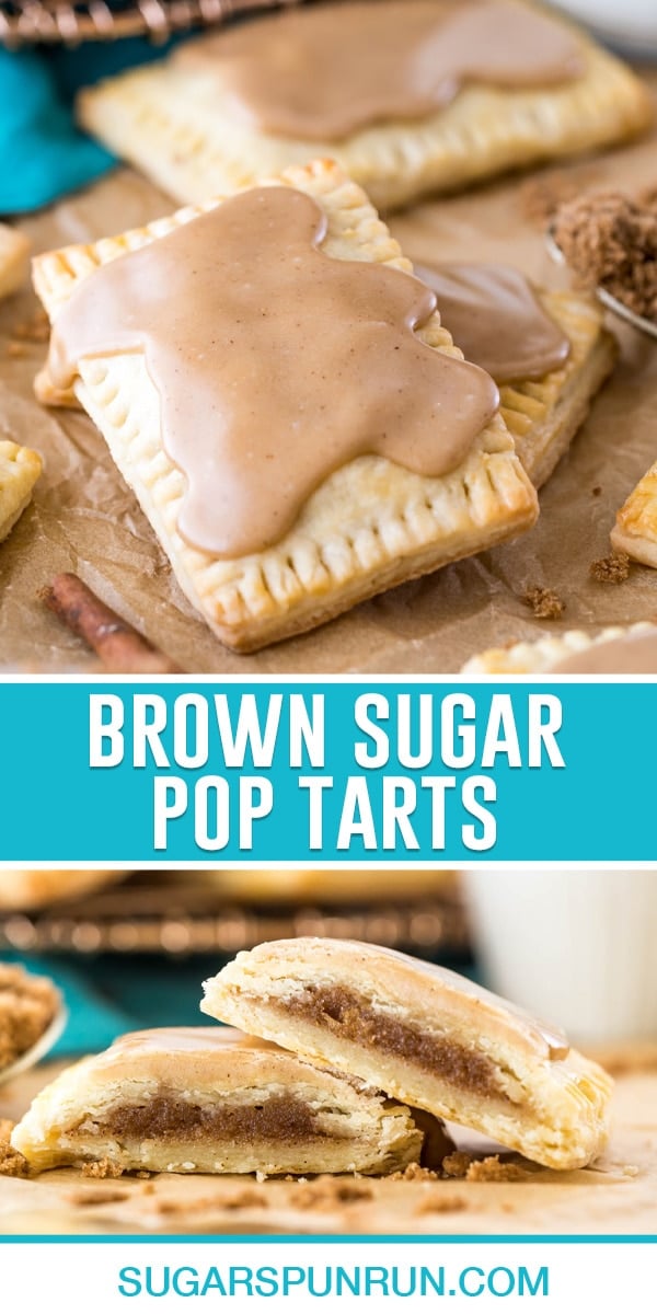 collage of brown sugar pop tarts, top image of two pop tarts stacked, bottom image of them cut open