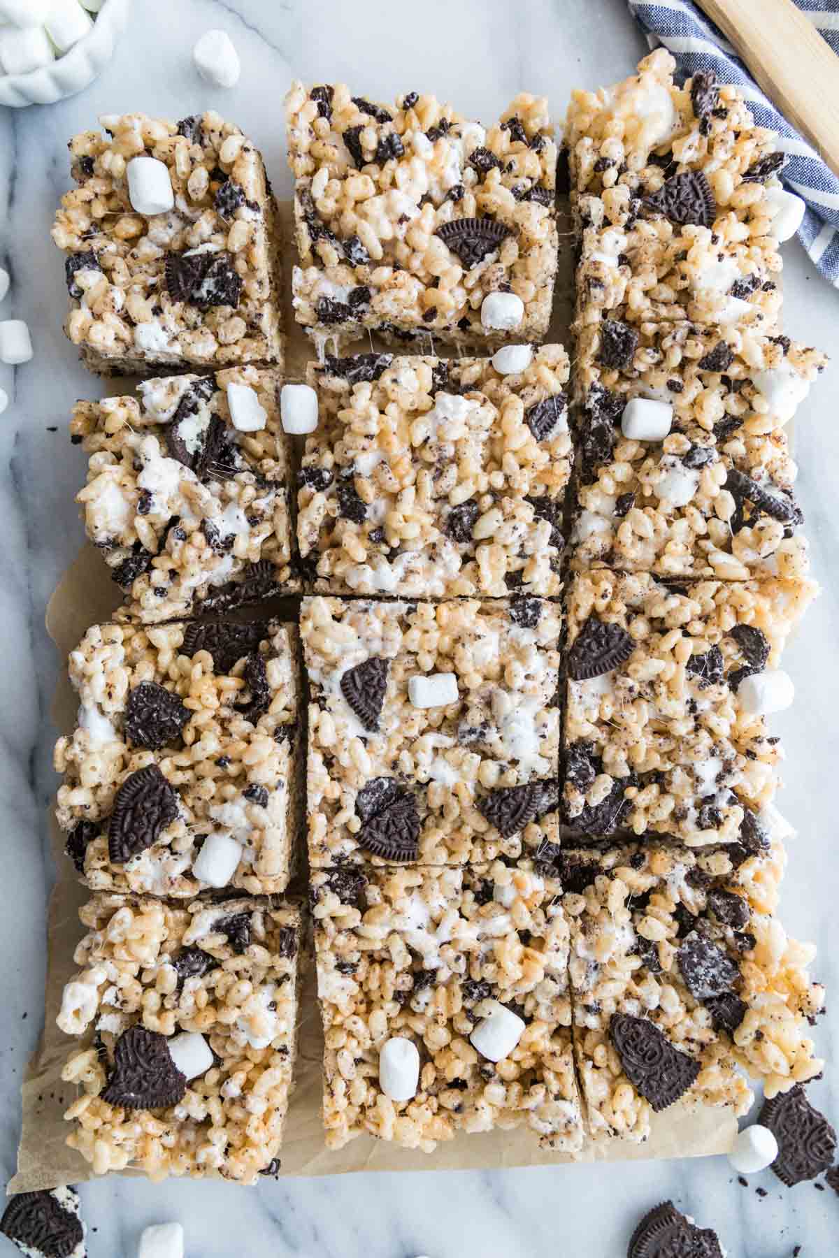overhead view of oreo rice krispie treat squares after cutting