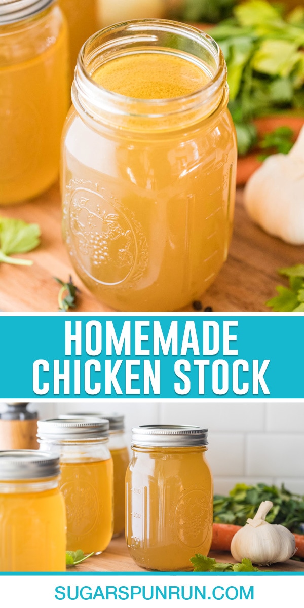 collage of homemade chicken stock, image of stock in jar, bottom image of multiple jars full of stock