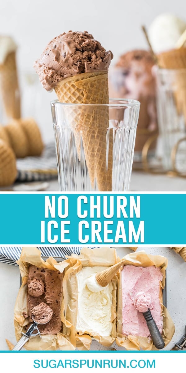 collage of no churn ice cream, top image of single cone with chocolate ice cream, bottom image of three flavors