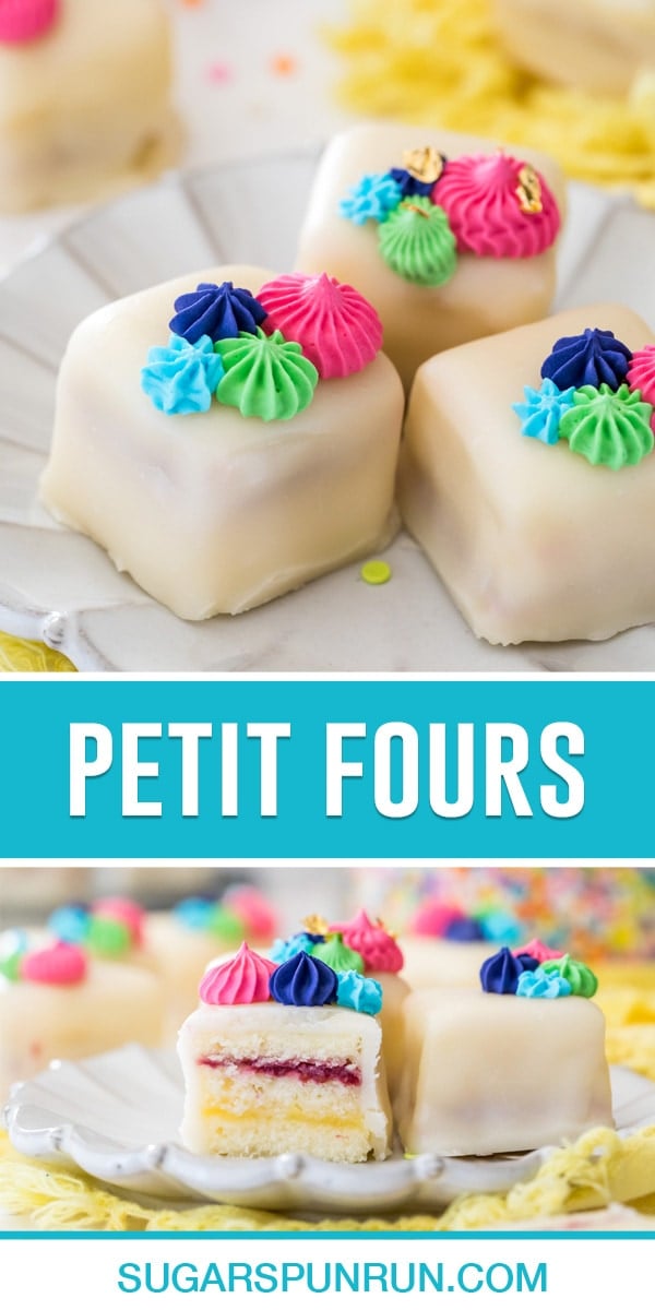 collage of two images of petit fours on white plate divided by blue text with white writing reading: "Petit Fours"