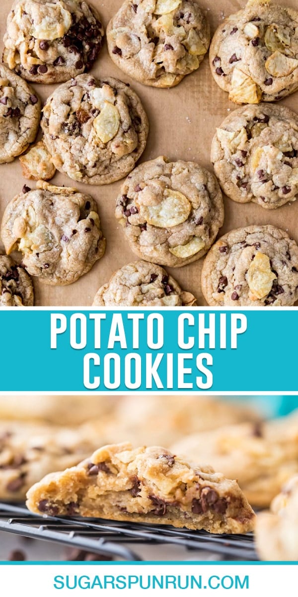 collage of potato chip cookies, top image of multiple cookies on baking sheet, bottom image of cookie bite into