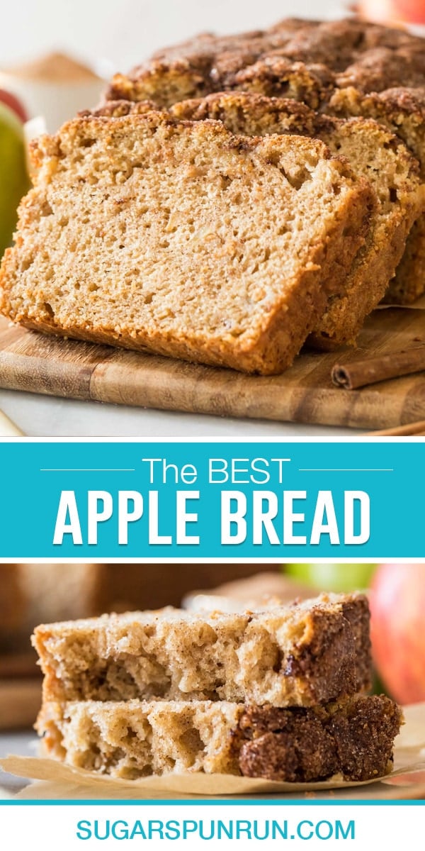 collage of apple bread, top image of sliced bread upright leaving against loaf, bottom image of two slices stacked