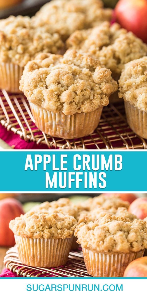collage of apple crumb muffins, top image of multiple closer up, bottom image of multiple further away at a different angle
