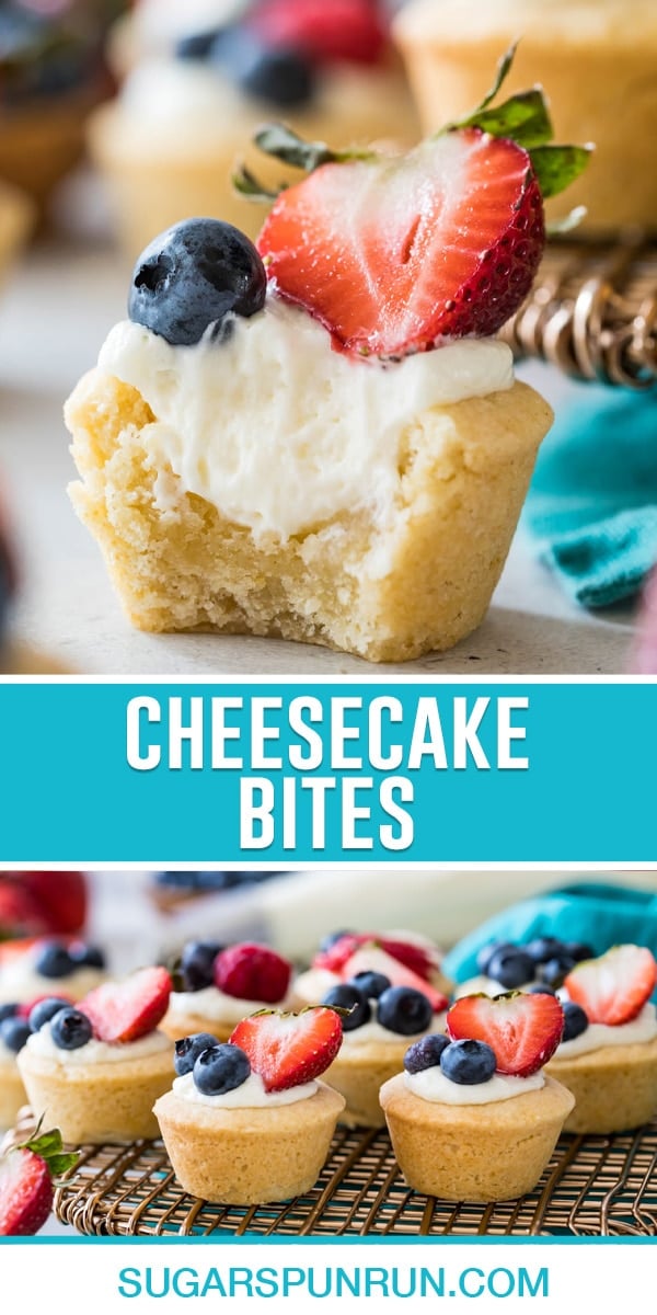 collage of cheesecake bites, top image of single cup with taken out, bottom image of multiple bites neatly placed on serving tray