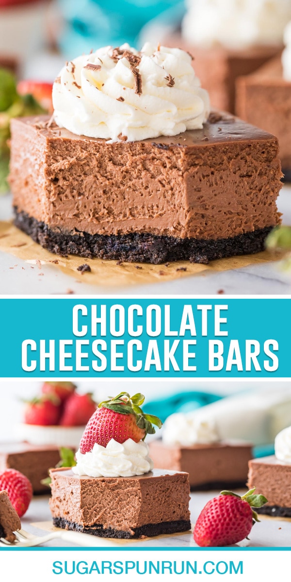 collage of chocolate cheesecake bars, top image with bite taken out with whip cream on top, bottom image of multiple slices spread out.