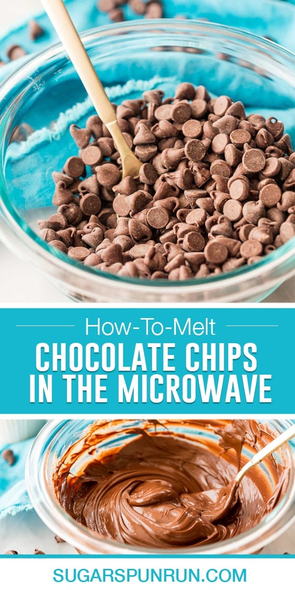 collage on how to melt chocolate chips in the microwave, top image of chocolate chips in glass bowl with spoon, bottom image of chips melted in bowl