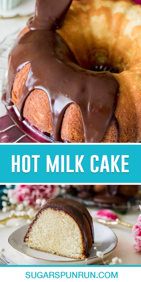 collage of hot milk cake, top image of chocolate ganache being poured on top of cake with spoon, bottom image of single slice cut on white plate