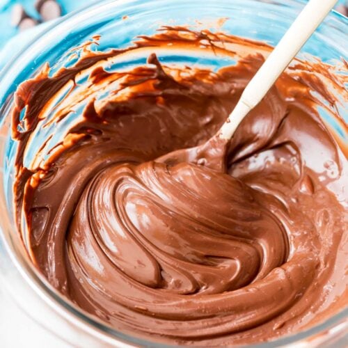 bowl of melted chocolate after microwaving to demonstrate how to melt chocolate chips