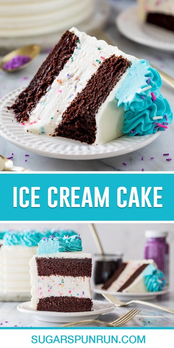 collage of ice cream cake, top image of close up of single slice, bottom image of two slices one vertical and one on its side