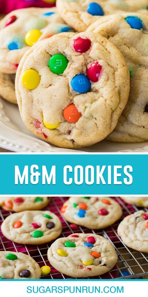 collage of M&M Cookies, top image close up of one cookie, bottom image of multiple cookies spread out on cooling rack