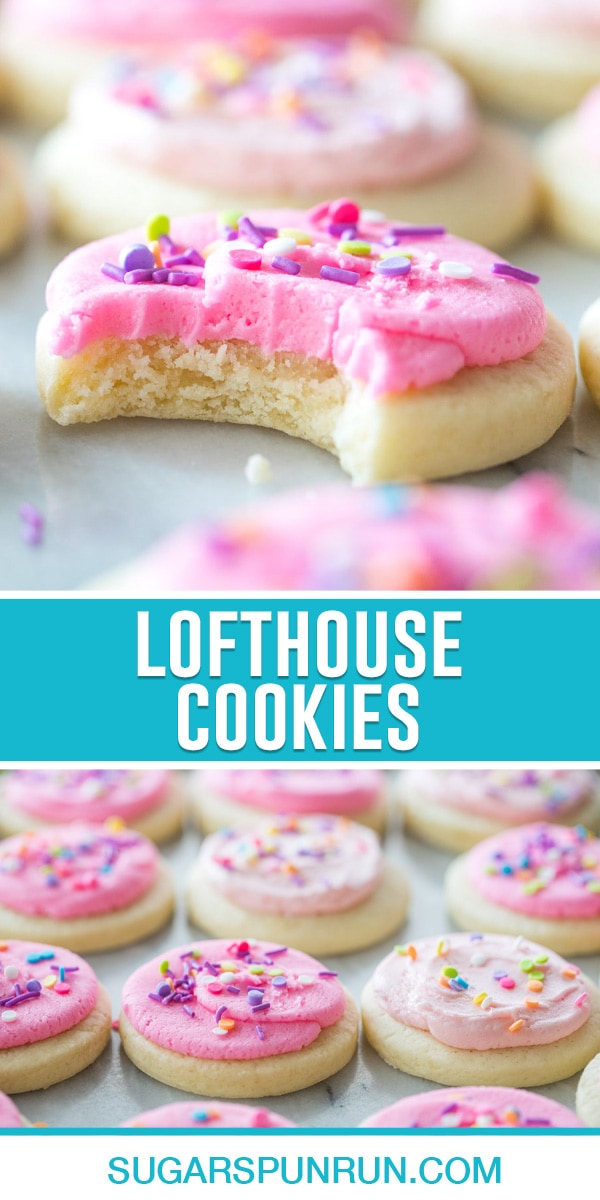 collage of lofthouse cookies, top image of single cookie with bite taken out, bottom image of multiple cookies neatly spread out