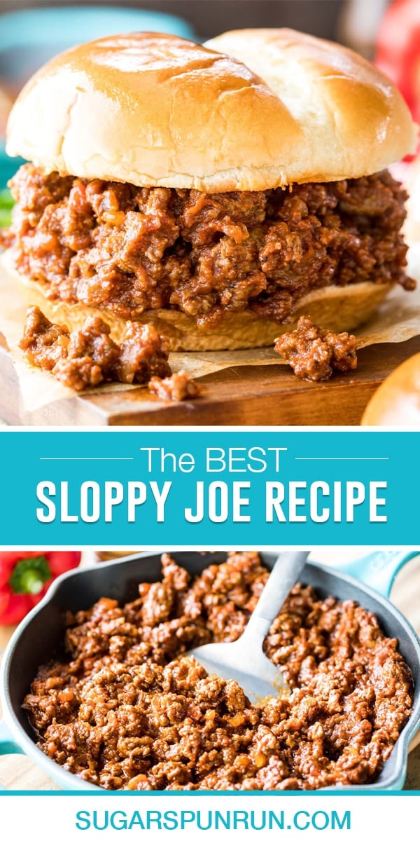 collage of sloppy joes, top image of meat on bun, bottom image of meet in skillet or pan, spatula inside