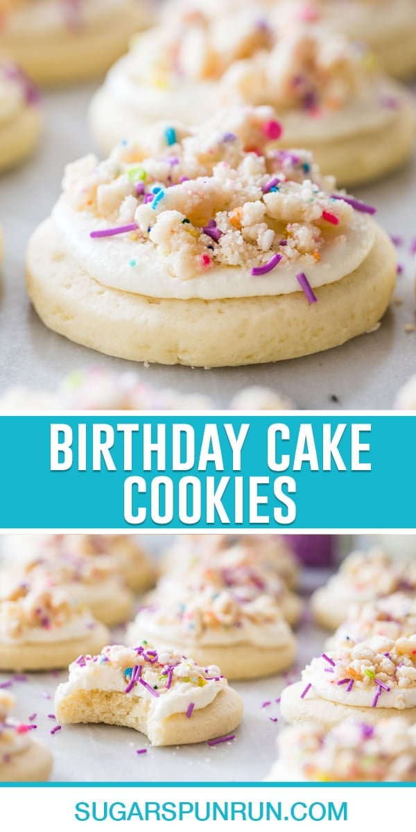 collage of birthday cake cookies, top image of single cookie, bottom image of multiple nicely spread out, one cookie with bite taken out.