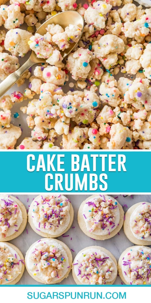 collage of cake batter crumbs, top image close up of crumbs with gold spoon, bottom image of crumbs on top of cookies nicely spaced on marble slab