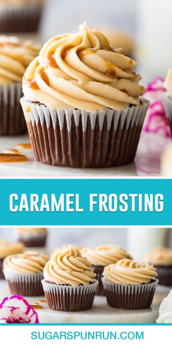 collage of caramel frosting, top image of single cupcake topped with caramel frosting, bottom image of multiple cupcakes frosted
