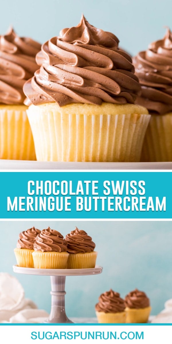 collage of chocolate swiss meringue buttercream, top image is a close up for buttercream on vanilla cupcake, bottom image is of three iced cupcakes on cake stand and two in foreground
