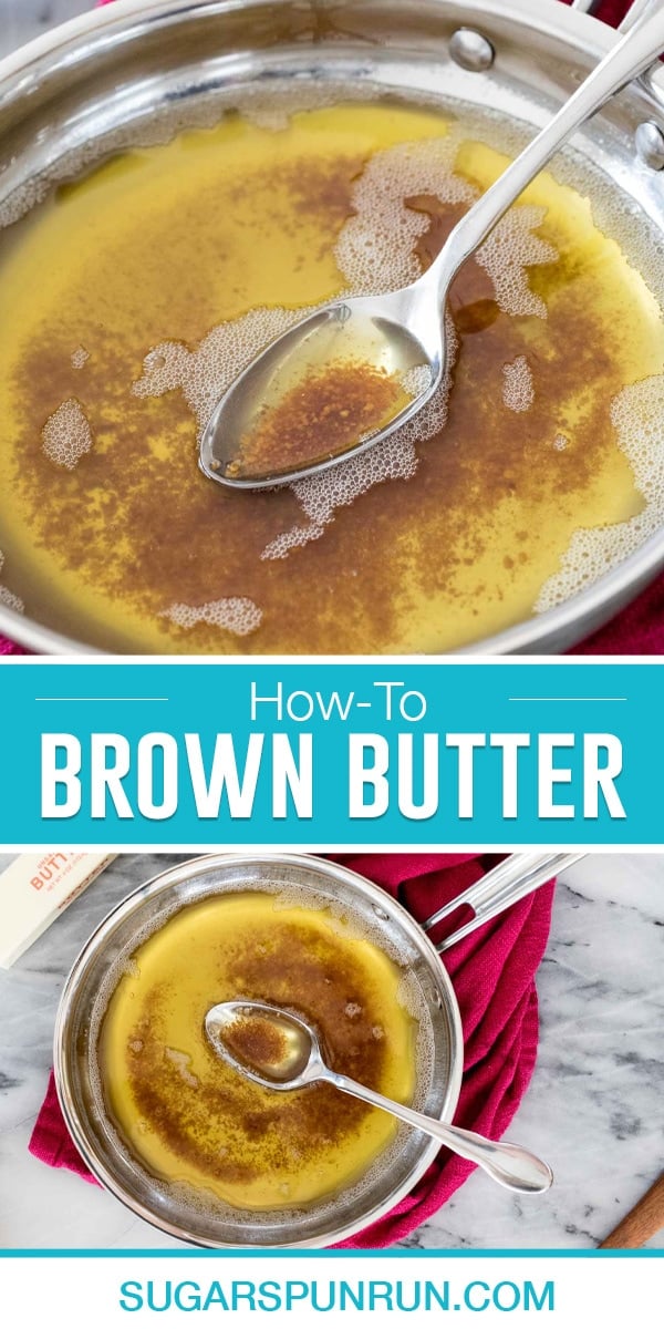 collage on how to brown butter, top image is a close up of spoon resting in browned butter, Bottom image is a birds eye view of pan with browned butter