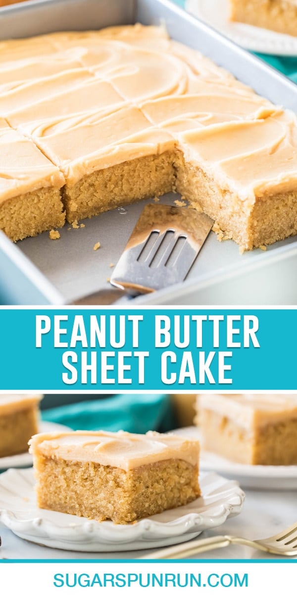 collage of peanut butter sheet cake, top image of full cake, cut, slices missing. Bottom image of single slice on plate with fork