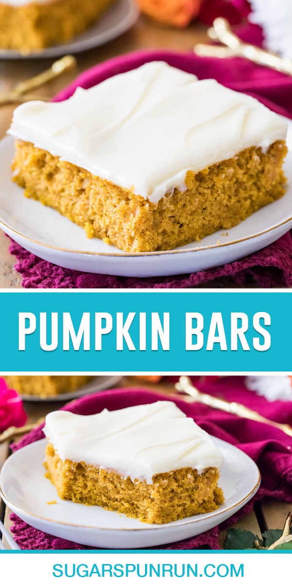 collage of pumpkin bars, top image of single slice of cake on white plate, bottom image of single slice with bite missing