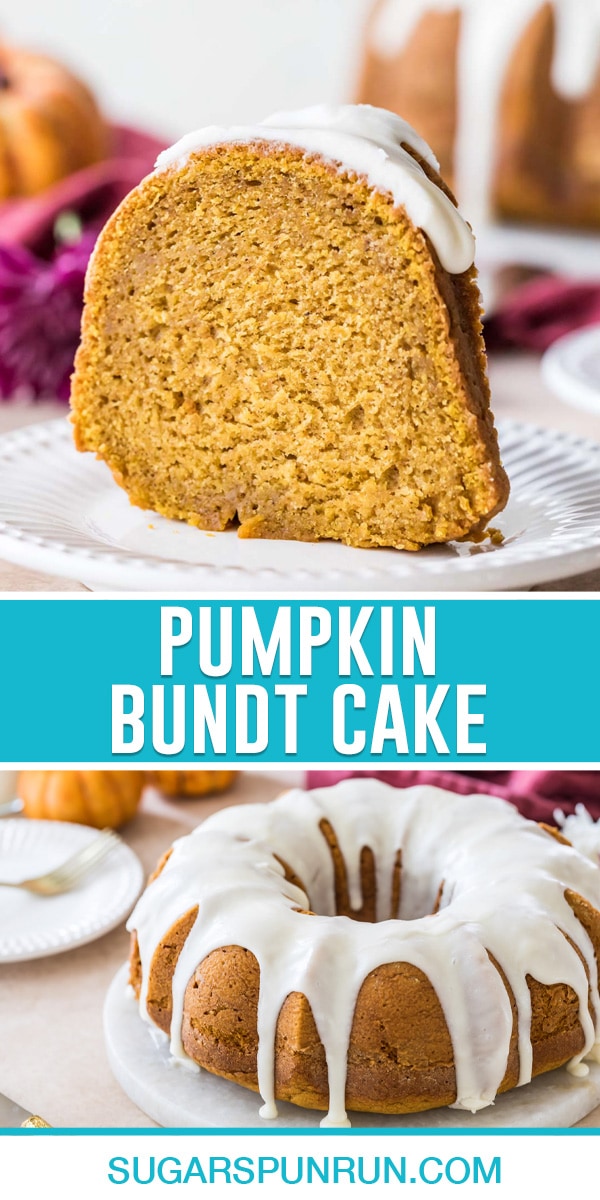 collage of pumpkin bundt cake, top image of slice of cake on white plate, bottom image of full bunt cake close up