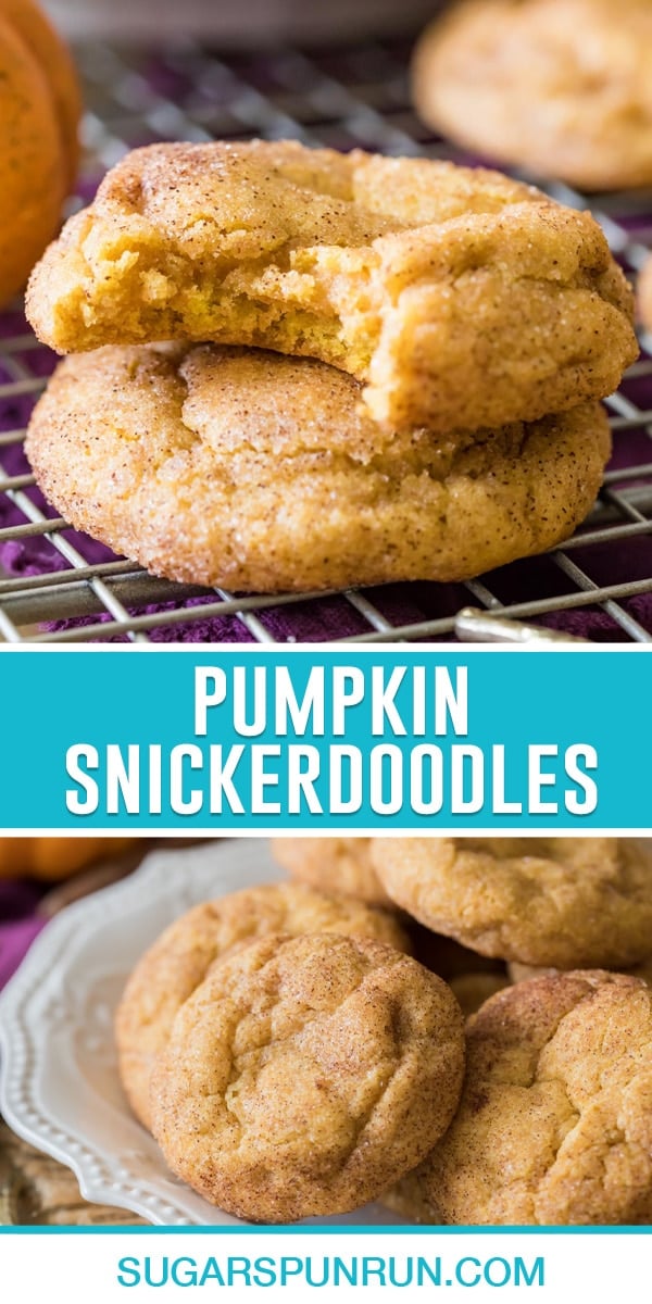 collage of pumpkin snickerdoodles, top image is of two cookies stacked, top cookie bite taken out. Bottom image is multiple cookies in white bowl