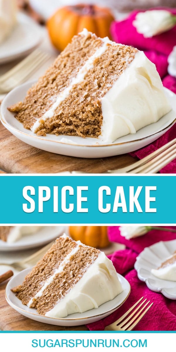 collage of spice cake, top image is a close up of cake slice on white plate bite taken out, bottom is full slice photographed further away