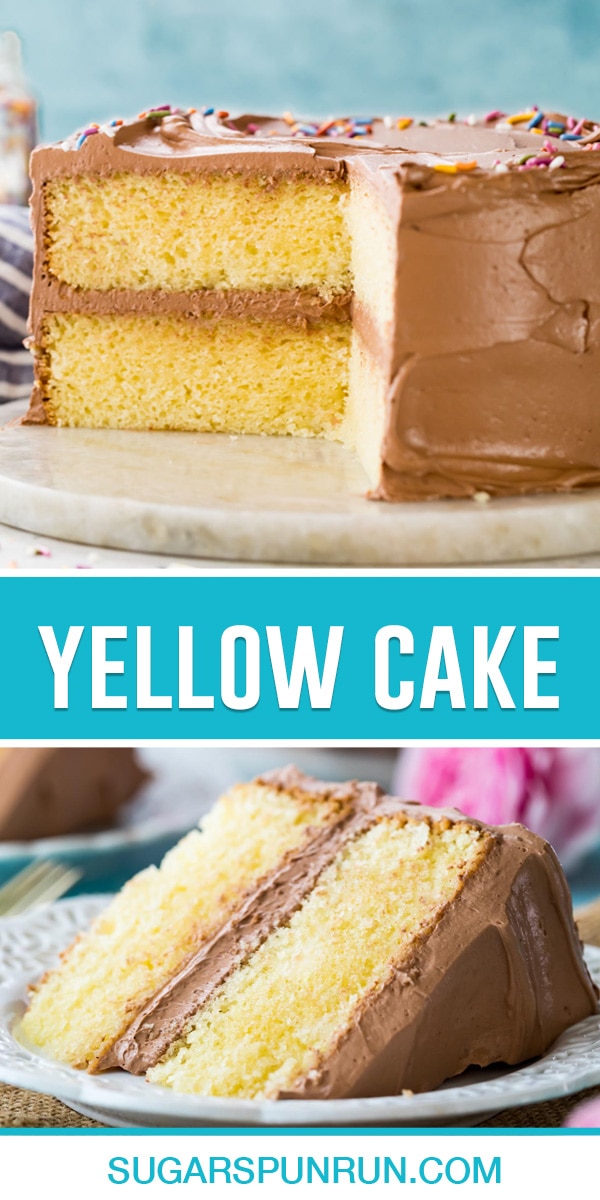 collage of yellow cake, top image of full cake with slice take out, bottom image of single slice on white plate