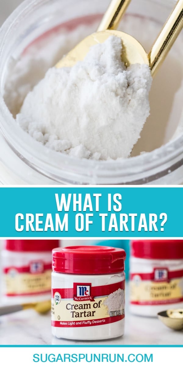 collage of cream of tarter, top image of gold measuring spoon in spice jar, bottom image of close up of jar of cream of tarter