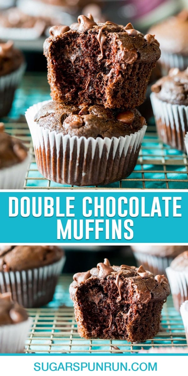 collage of double chocolate muffins, top image of two muffins stacked with top muffin missing bite, bottom image of single muffin on cooling rack with bite taken out