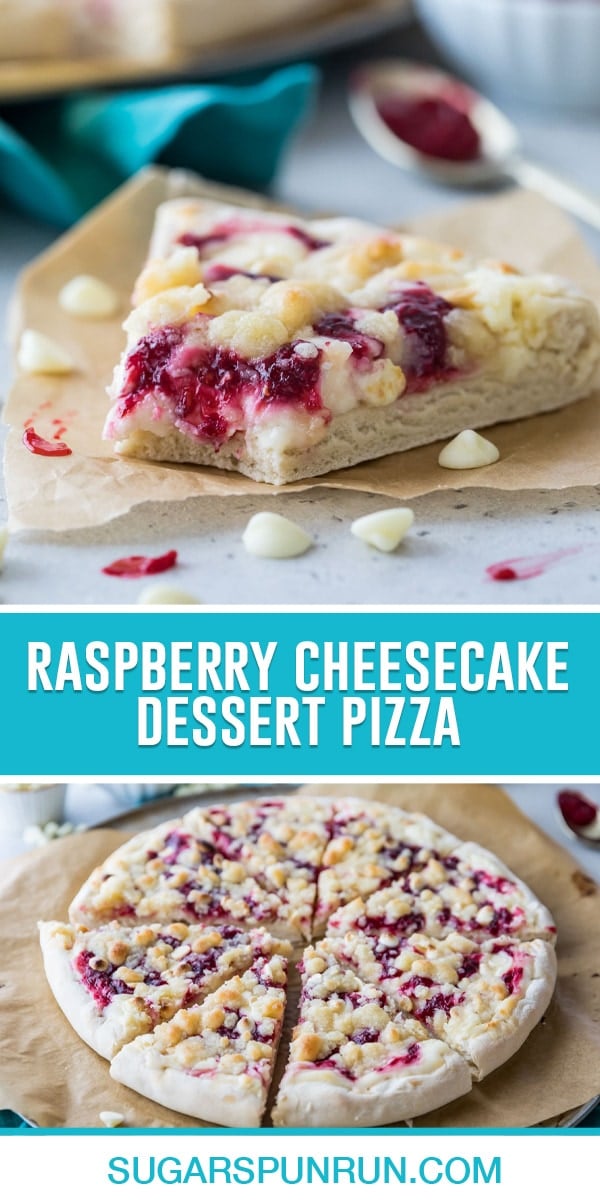 collage of raspberry cheesecake dessert pizza, top image of single slice of pizza with bite taken out, bottom image of full pizza cut in eight slices