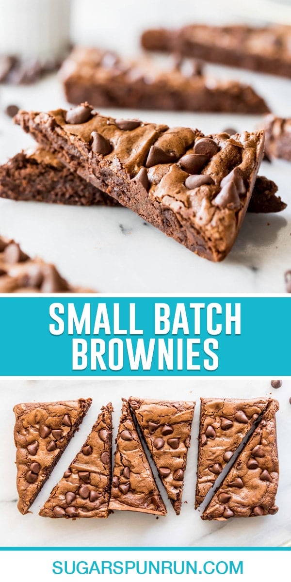 collage of small batch brownies, top image of two brownie slivers stacked, bottom image of 6 slices neatly placed next to one another