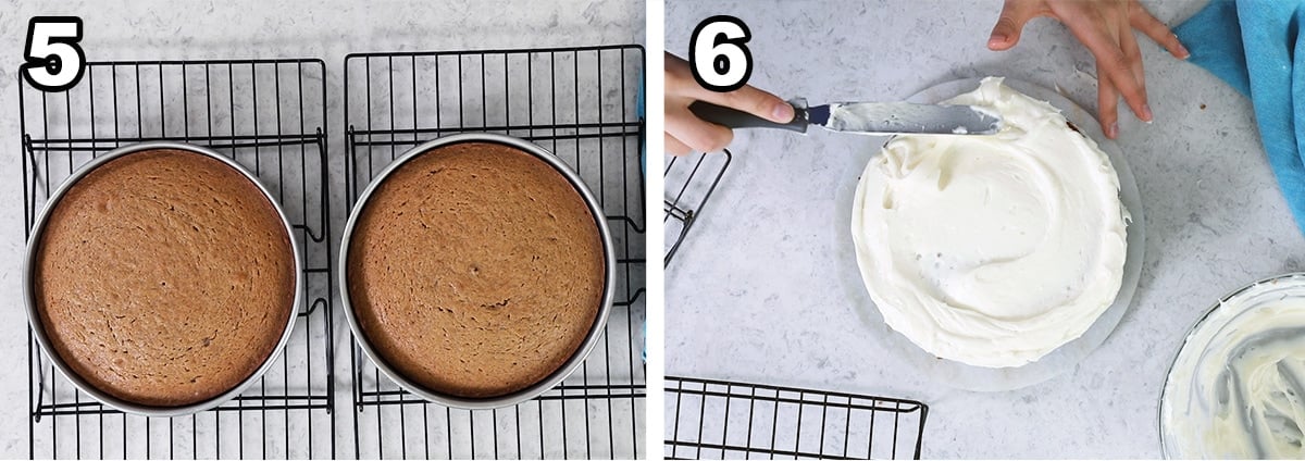 Collage of two photos showing two cake layers being frosted and stacked after baking.