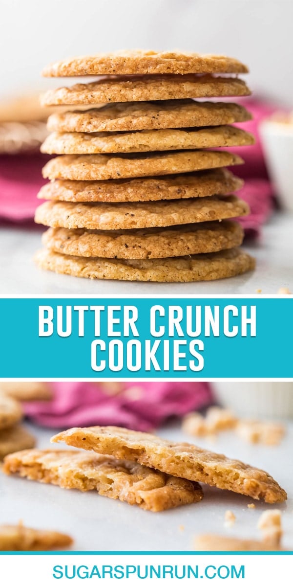 collage of butter crunch cookies, top image of multiple cookies stacked, bottom image of single cookie broken in half stacked