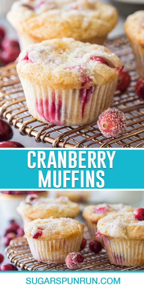 collage of cranberry muffins, top image is a close up of muffin, bottom image of multiple muffins on gold cooling rack