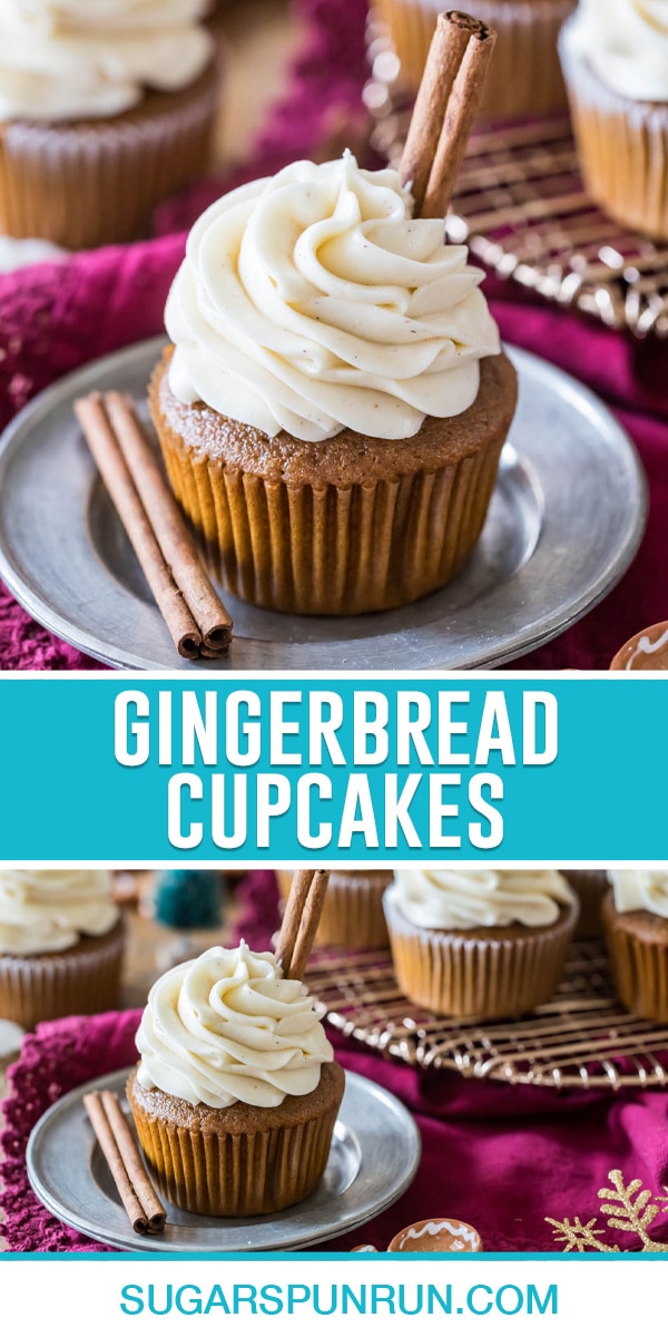 collage of gingerbread cupcakes, top image is of a close up cupcake on silver plate, bottom image taken further away with additional cupcakes in background