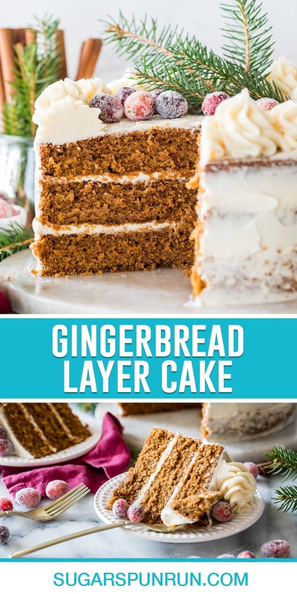 collage of gingerbread layer cake, top image of full cake with slice taken out, bottom image is close up of single slice of cake placed nicely on its side