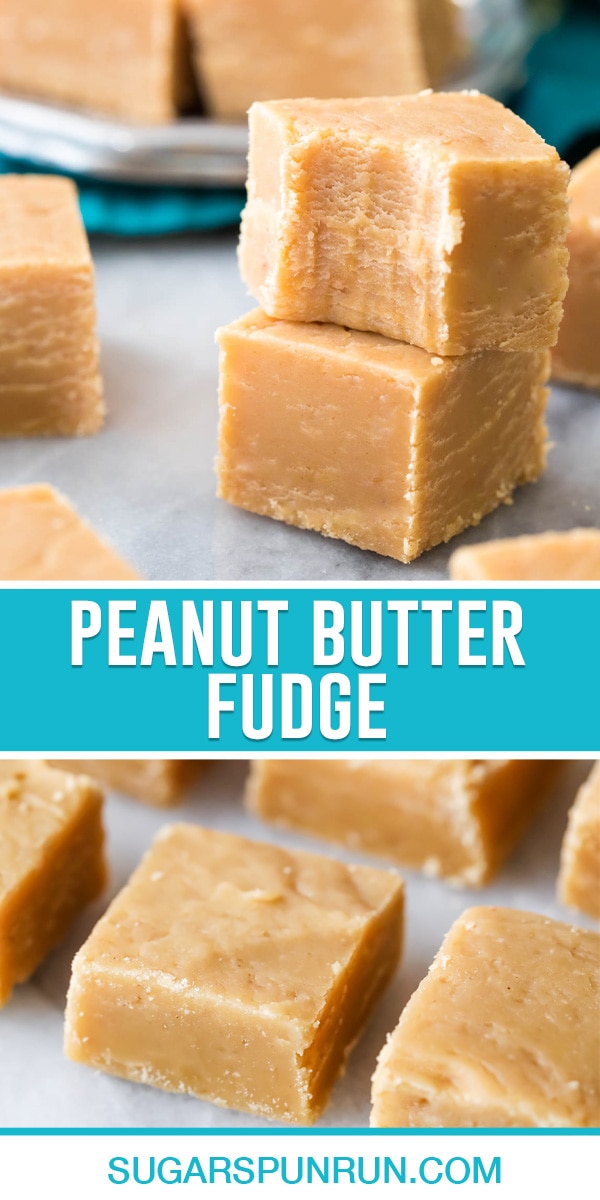 collage of peanut butter fudge, top image of two pieces stacked with bite taken out of top piece, bottom image of multiple pieces neatly spread out